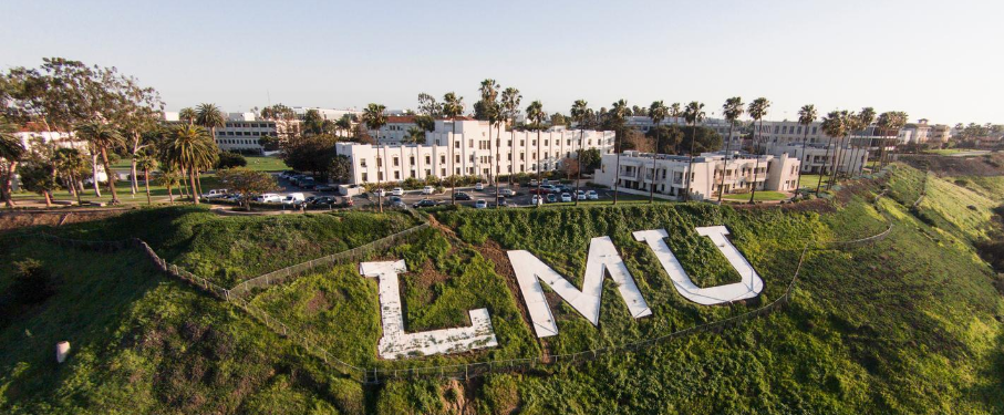 drone shot of LMU campus with log and Xavier Hall